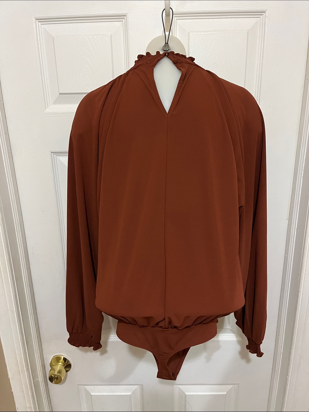 Express Rust Ruffled Mock Neck Long-Sleeve Bodysuit - Picture 2 of 6